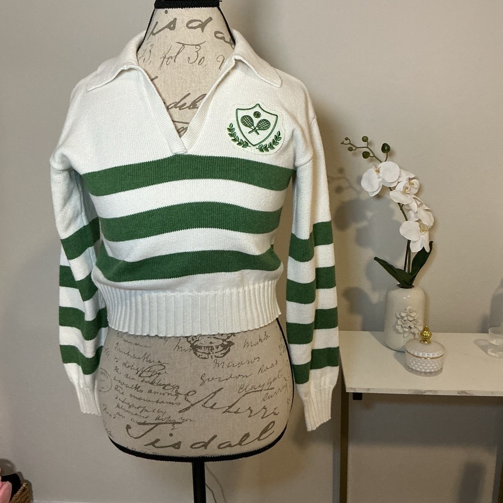 Anthropology Stateside Green and White Striped cropped Sweater - Picture 2 of 12